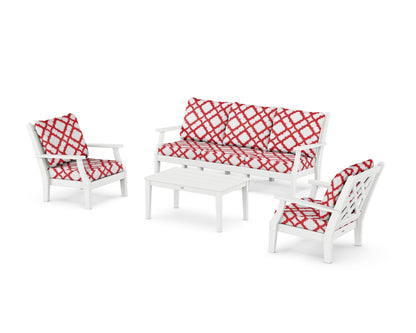 Country Living Wovendale 4-Piece Deep Seating Set with Sofa in White / Trellis Crimson