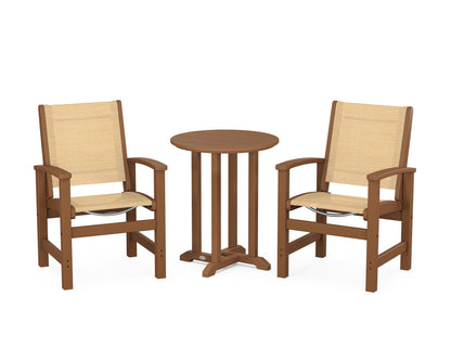 POLYWOOD® Coastal 3-Piece Round Bistro Dining Set in Teak / Dupioni Apricot Sling