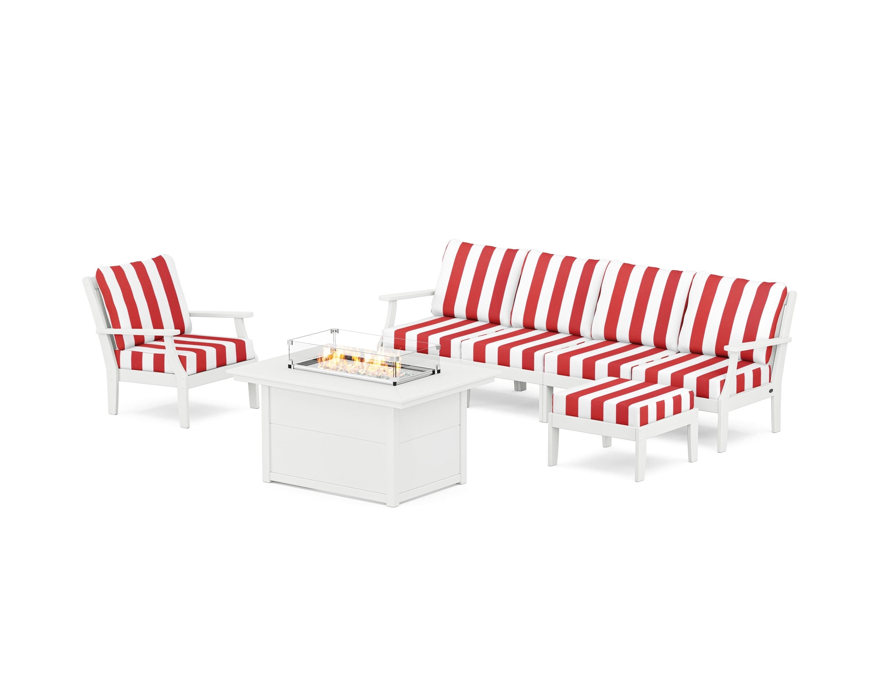 POLYWOOD® Braxton Sectional Lounge and Fire Pit Set in White / Cabana Stripe Crimson