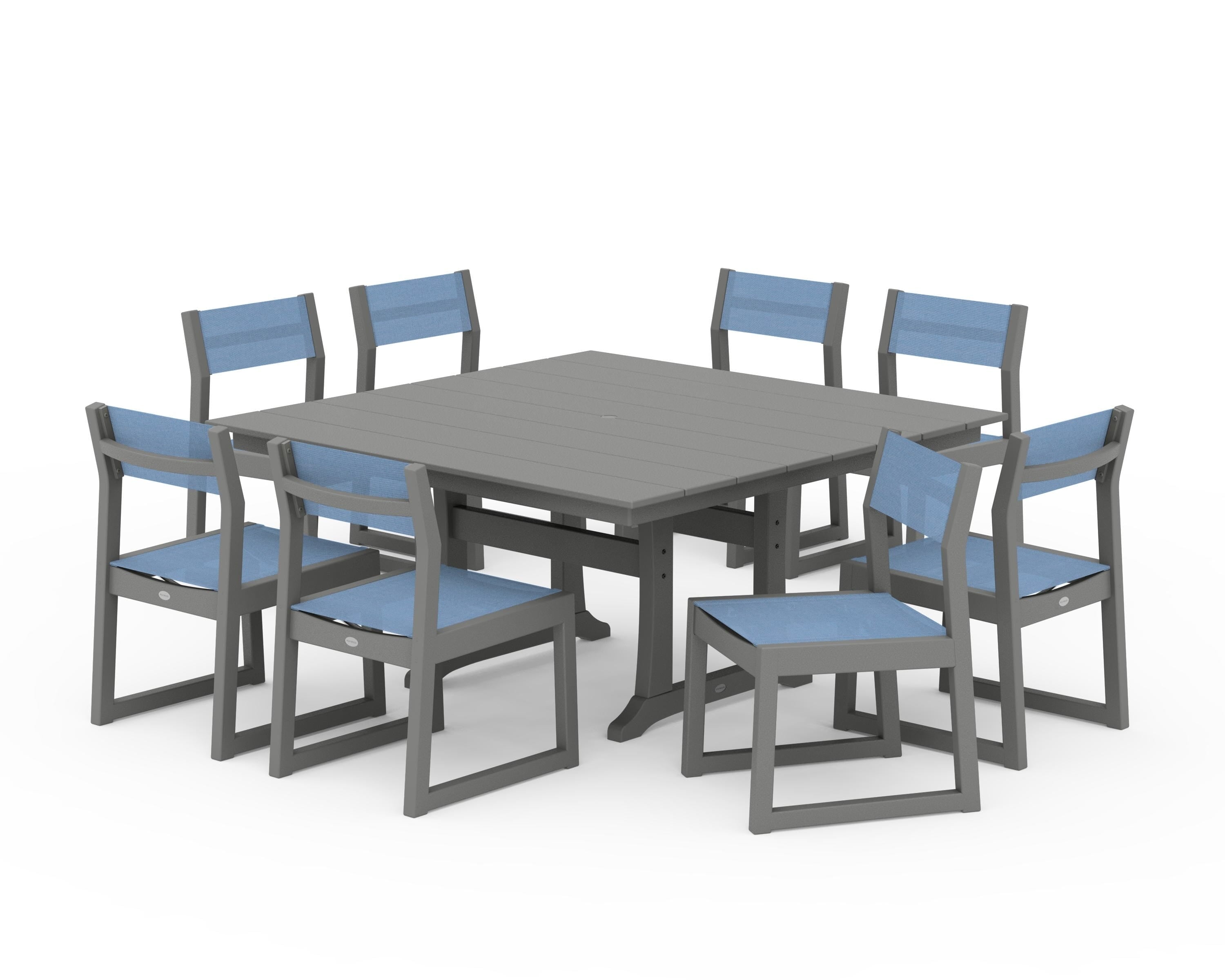 POLYWOOD® EDGE Sling Side Chair 9-Piece Farmhouse Trestle Dining Set in Slate Grey / Poolside Sling