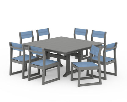 POLYWOOD® EDGE Sling Side Chair 9-Piece Farmhouse Trestle Dining Set in Slate Grey / Poolside Sling