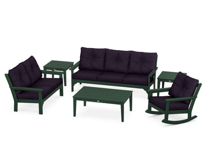 POLYWOOD® Vineyard 6-Piece Deep Seating Set in Green / Navy Linen