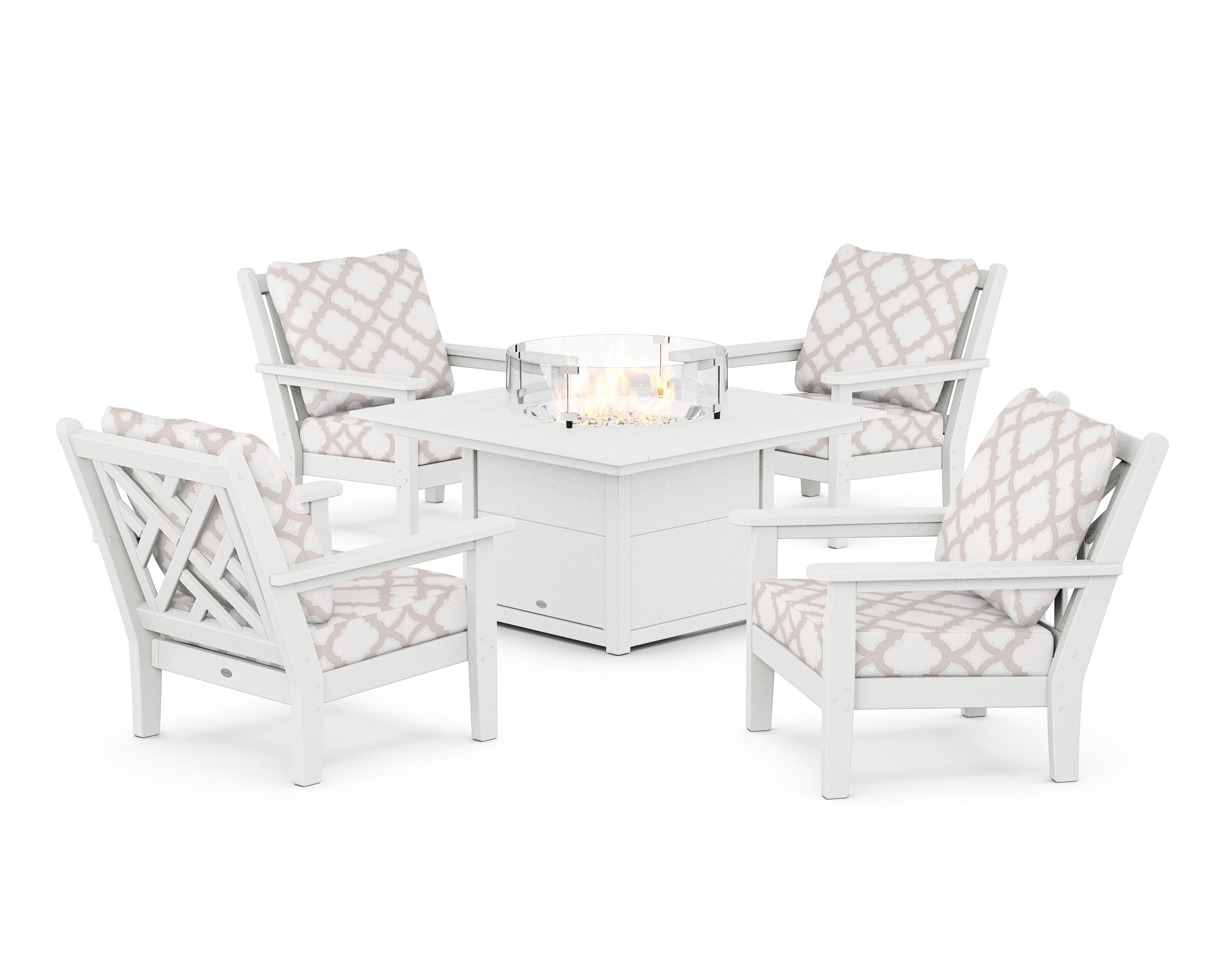POLYWOOD® Chippendale 5-Piece Deep Seating Set with Fire Pit Table in White / Trellis Dune Burlap