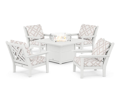 POLYWOOD® Chippendale 5-Piece Deep Seating Set with Fire Pit Table in White / Trellis Dune Burlap