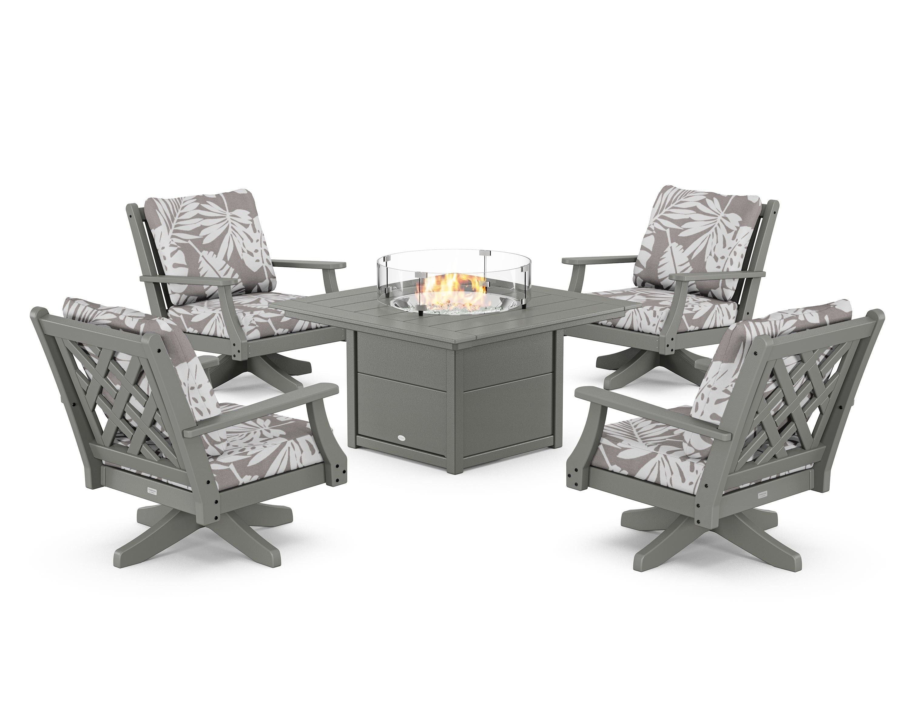 Country Living Wovendale 5-Piece Deep Seating Swivel Conversation Set with Fire Pit Table in Slate Grey / Leaf Grey Mist