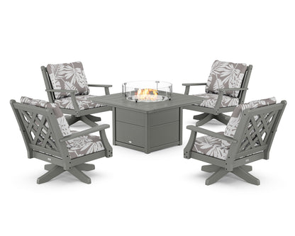 Country Living Wovendale 5-Piece Deep Seating Swivel Conversation Set with Fire Pit Table in Slate Grey / Leaf Grey Mist
