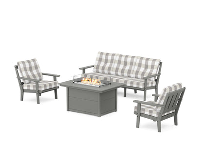 POLYWOOD® Oxford Deep Seating Fire Pit Table Set in Slate Grey / Buffalo Plaid Grey Mist