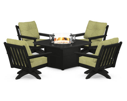 POLYWOOD® Vineyard 5-Piece Deep Seating Swivel Conversation Set with Fire Pit Table in Black / Chartreuse Boucle