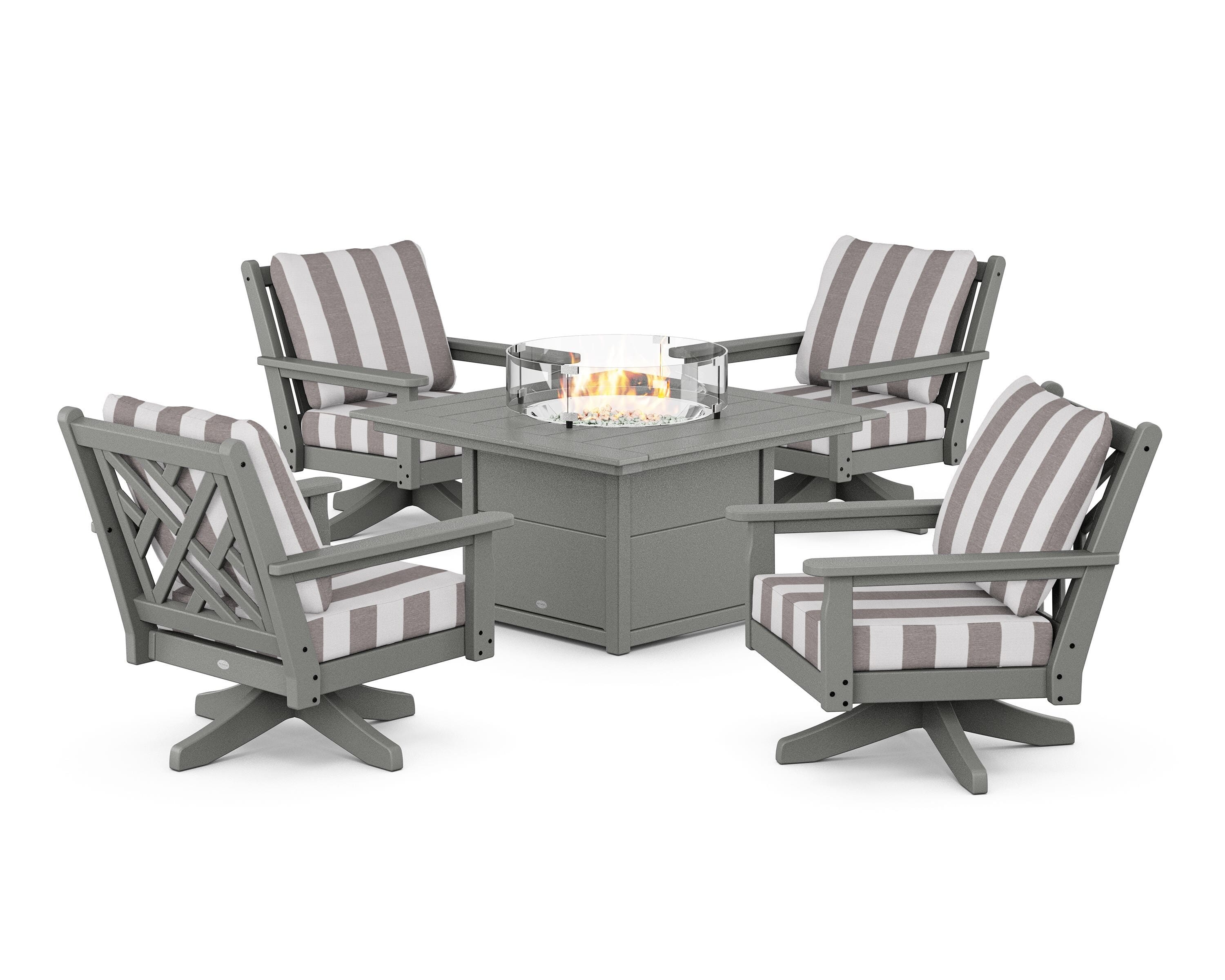 POLYWOOD® Chippendale 5-Piece Deep Seating Swivel Conversation Set with Fire Pit Table in Slate Grey / Cabana Stripe Grey Mist