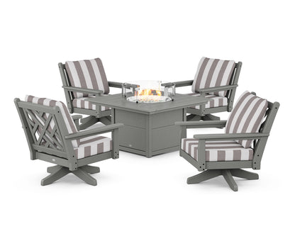 POLYWOOD® Chippendale 5-Piece Deep Seating Swivel Conversation Set with Fire Pit Table in Slate Grey / Cabana Stripe Grey Mist