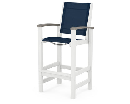 POLYWOOD® Coastal Bar Chair in White / Driftwood / Navy Blue Sling