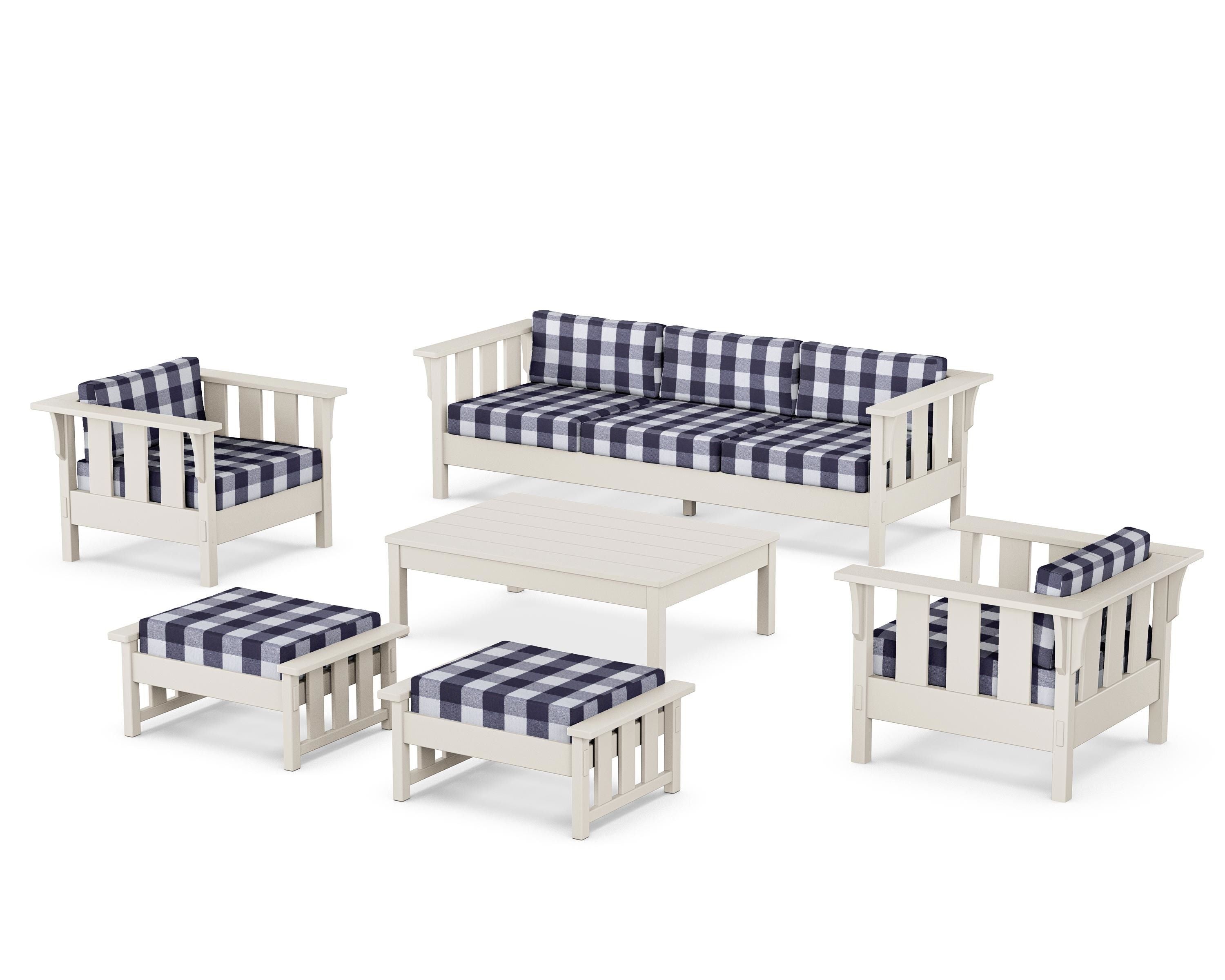 Martha Stewart by POLYWOOD® Acadia 6-Piece Lounge Sofa Set in Sand / Buffalo Plaid Navy