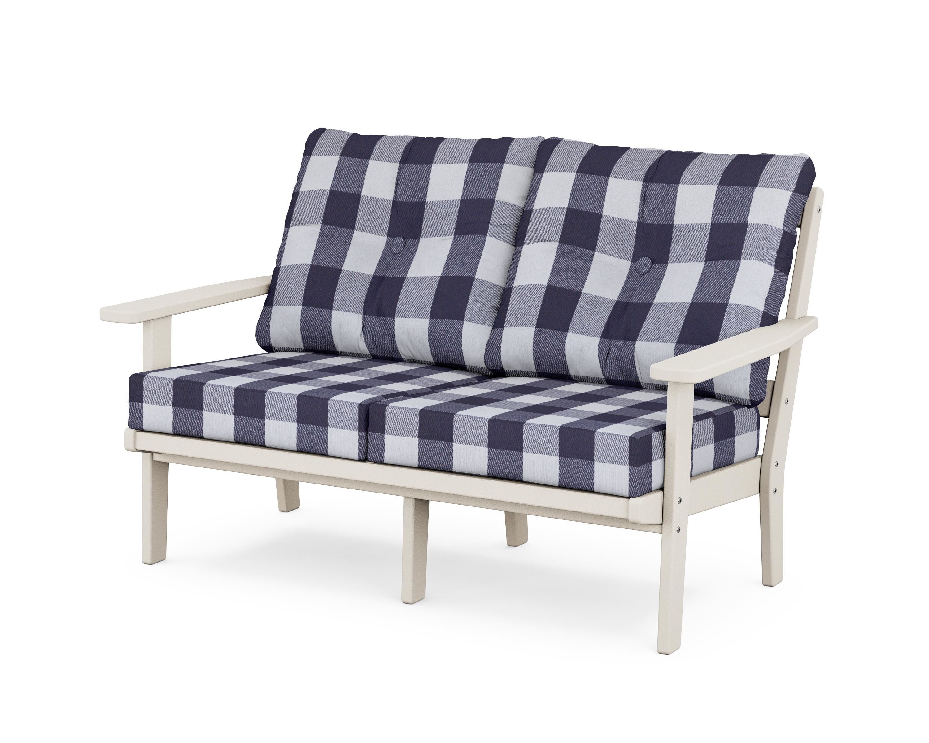 POLYWOOD® Oxford Deep Seating Loveseat in Sand / Buffalo Plaid Navy