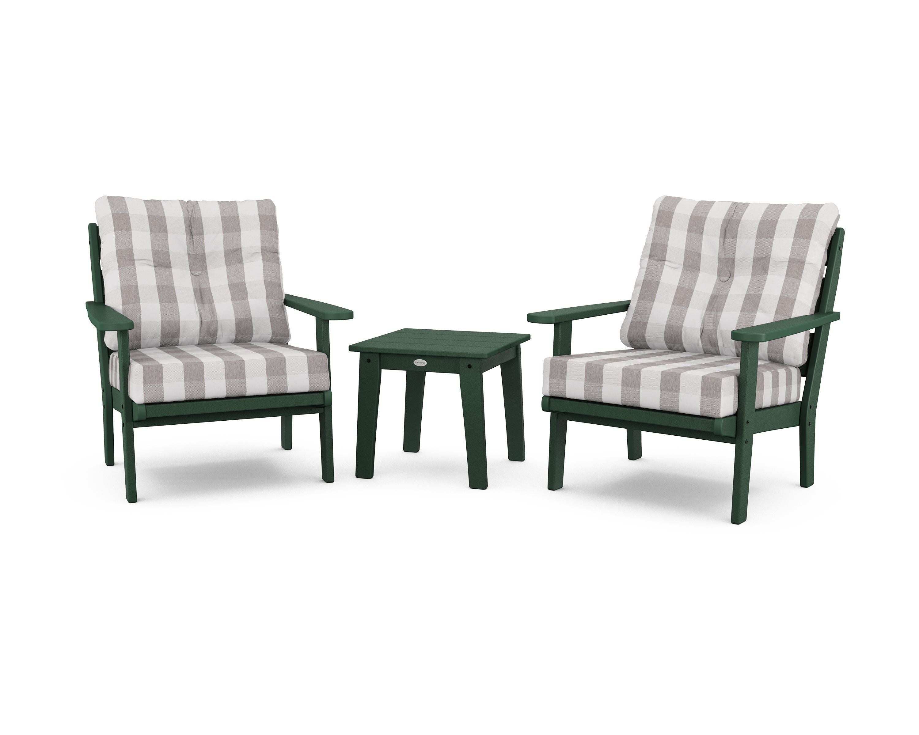 POLYWOOD® Lakeside 3-Piece Deep Seating Chair Set in Green / Buffalo Plaid Grey Mist
