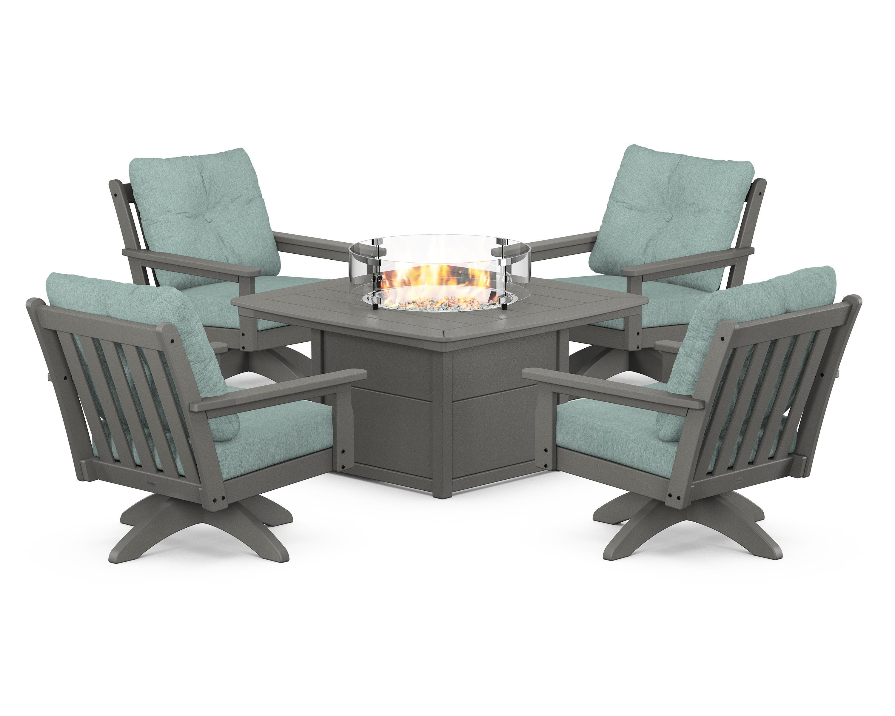 POLYWOOD® Vineyard 5-Piece Deep Seating Swivel Conversation Set with Fire Pit Table in Slate Grey / Glacier Spa