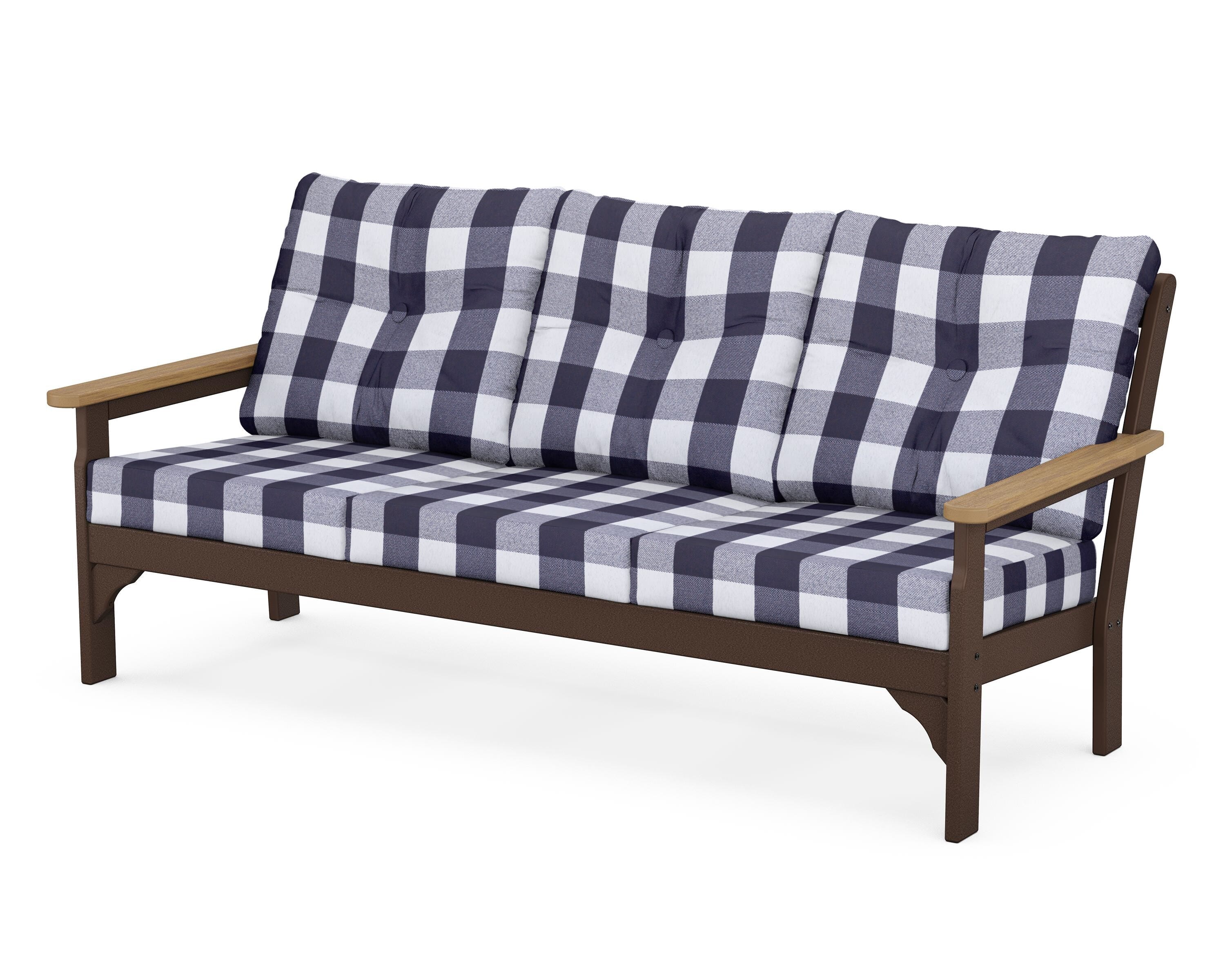 POLYWOOD® Vineyard Deep Seating Sofa in Mahogany / Natural / Buffalo Plaid Navy