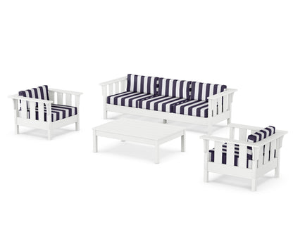 Martha Stewart by POLYWOOD® Acadia 4-Piece Deep Seating Set with Sofa in White / Cabana Stripe Navy