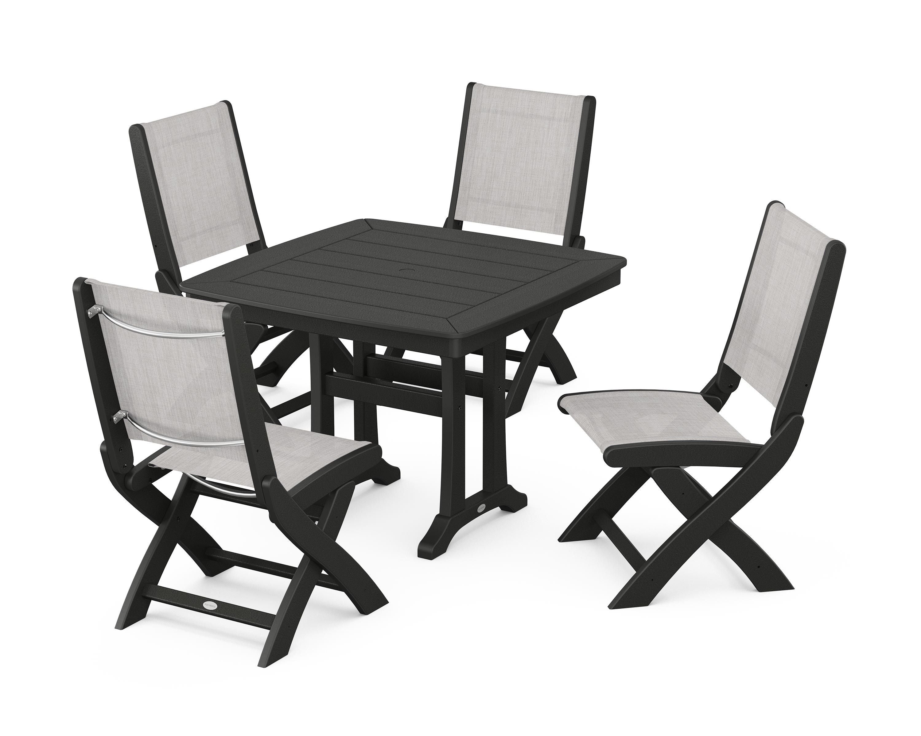 POLYWOOD® Coastal Folding Side Chair 5-Piece Dining Set with Trestle Legs in Black / Parchment Sling