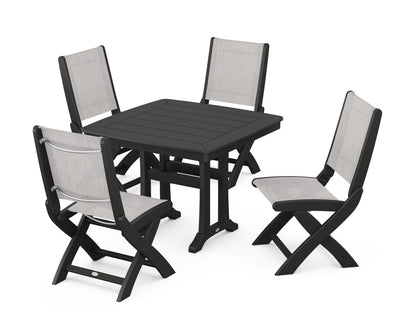 POLYWOOD® Coastal Folding Side Chair 5-Piece Dining Set with Trestle Legs in Black / Parchment Sling