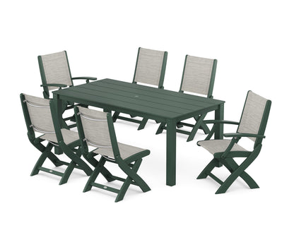 POLYWOOD® Coastal Folding Chair 7-Piece Parsons Dining Set in Green / Birch Sling