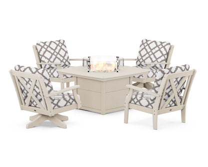 POLYWOOD® Braxton 5-Piece Deep Seating Set with Fire Table in Sand / Trellis Grey Mist