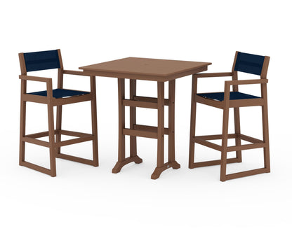 POLYWOOD® EDGE Sling Arm Chair 3-Piece Farmhouse Bar Set with Trestle Legs in Teak / Navy Blue Sling