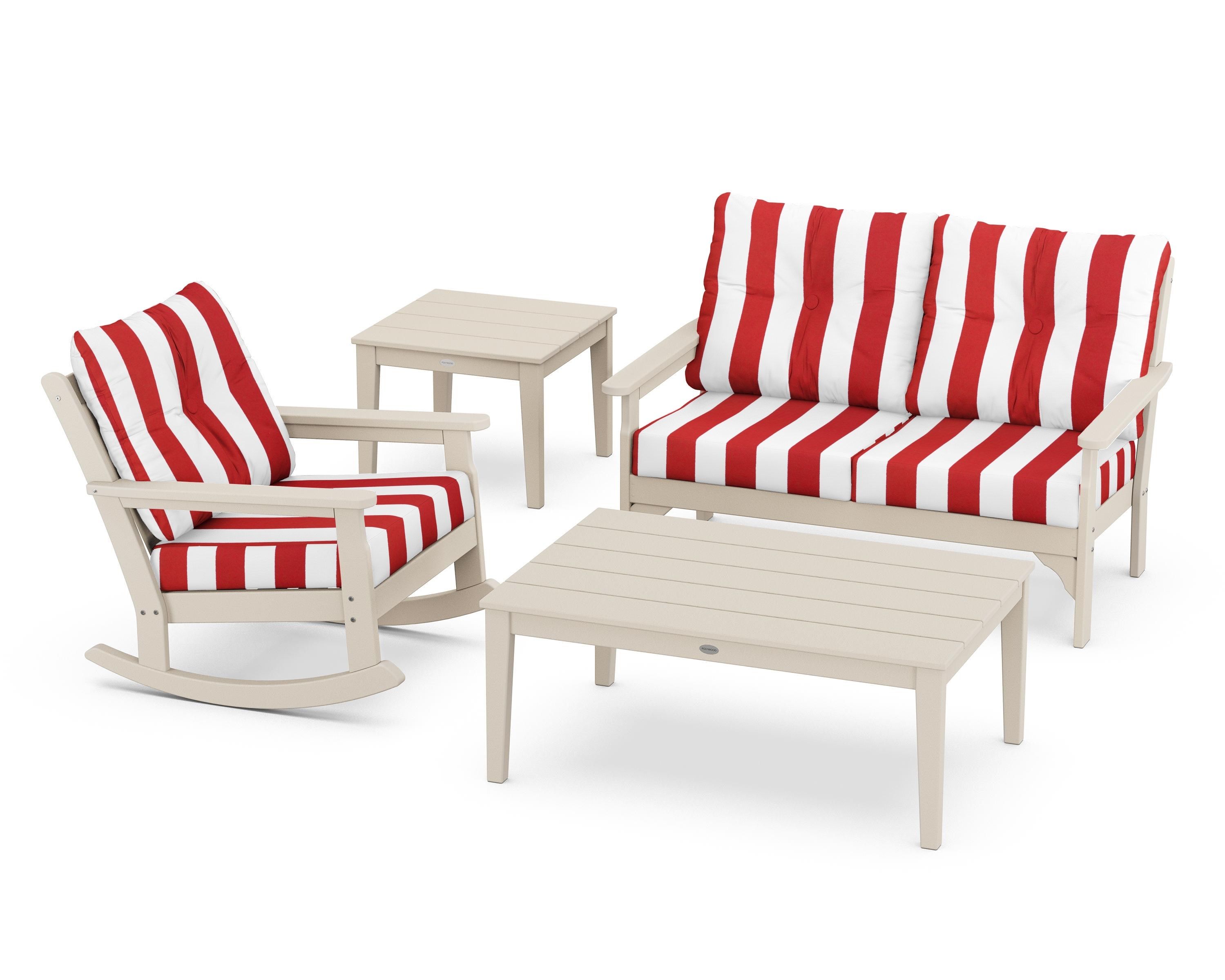 POLYWOOD® Vineyard 4-Piece Deep Seating Rocker Set in Sand / Cabana Stripe Crimson