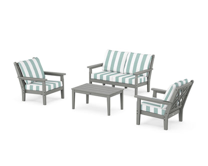 POLYWOOD® Chippendale 4-Piece Deep Seating Set with Loveseat in Slate Grey / Cabana Stripe Glacier Spa