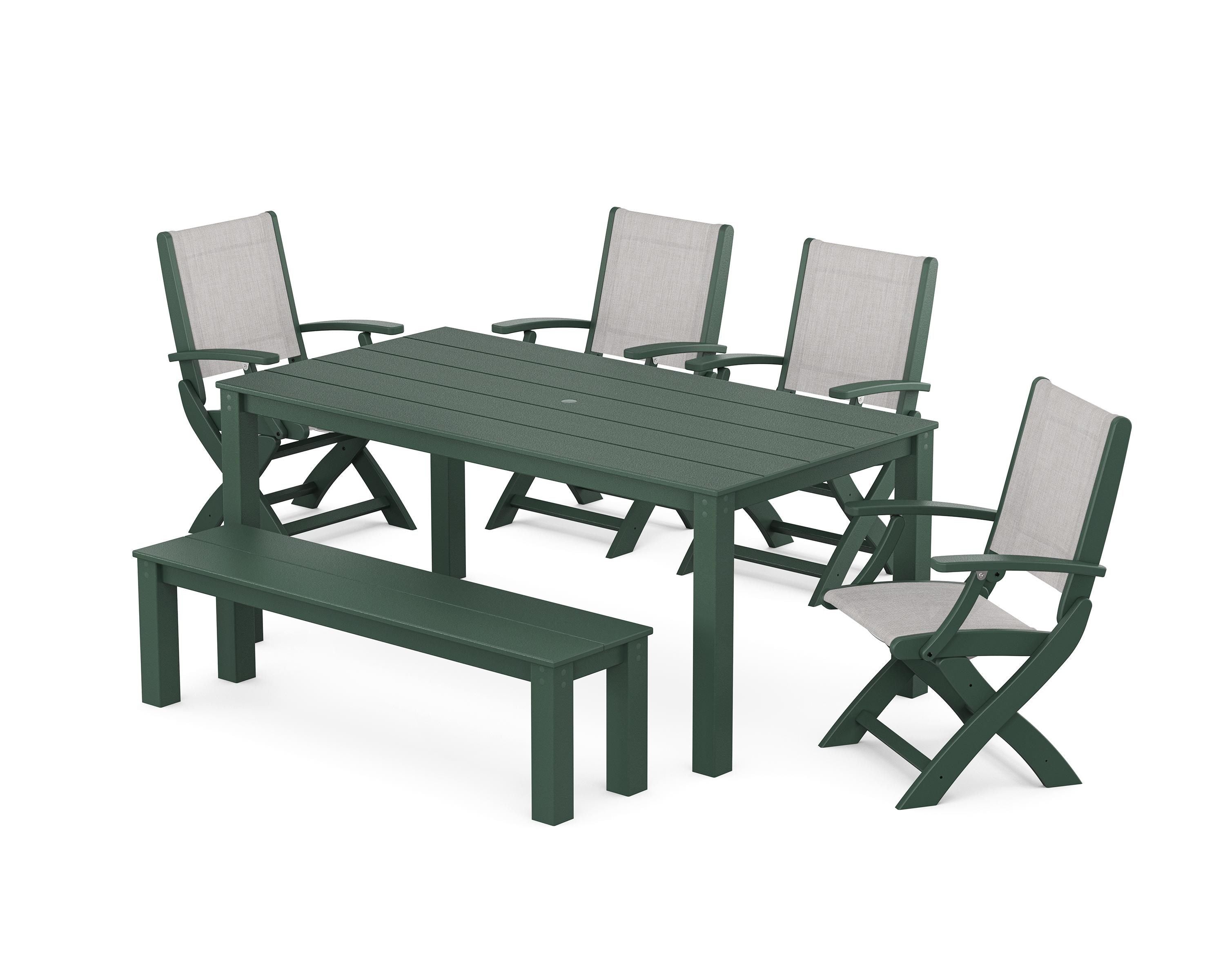 POLYWOOD® Coastal Folding Chair 6-Piece Parsons Dining Set with Bench in Green / Parchment Sling