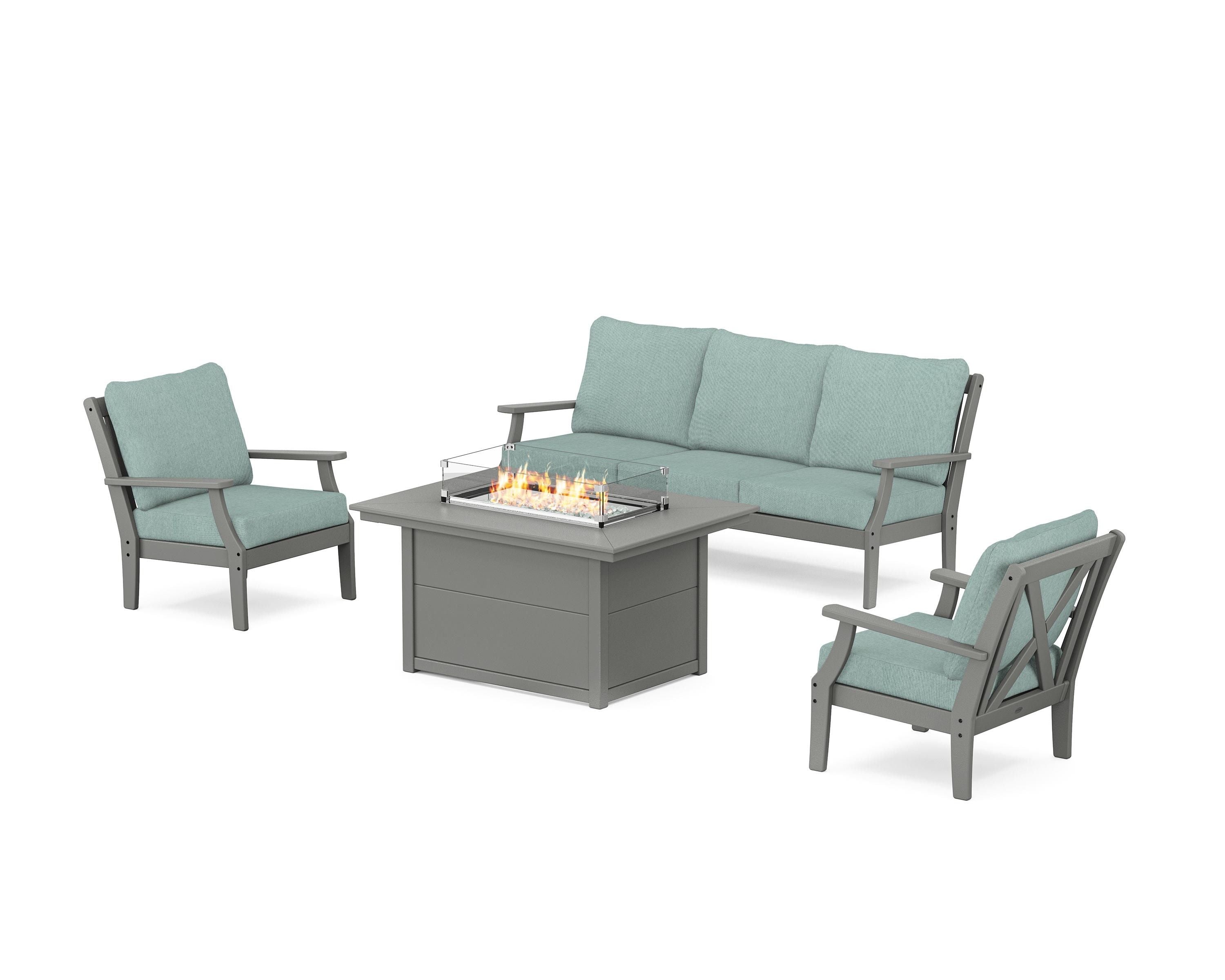 POLYWOOD® Braxton Deep Seating Fire Pit Table Set in Slate Grey / Glacier Spa
