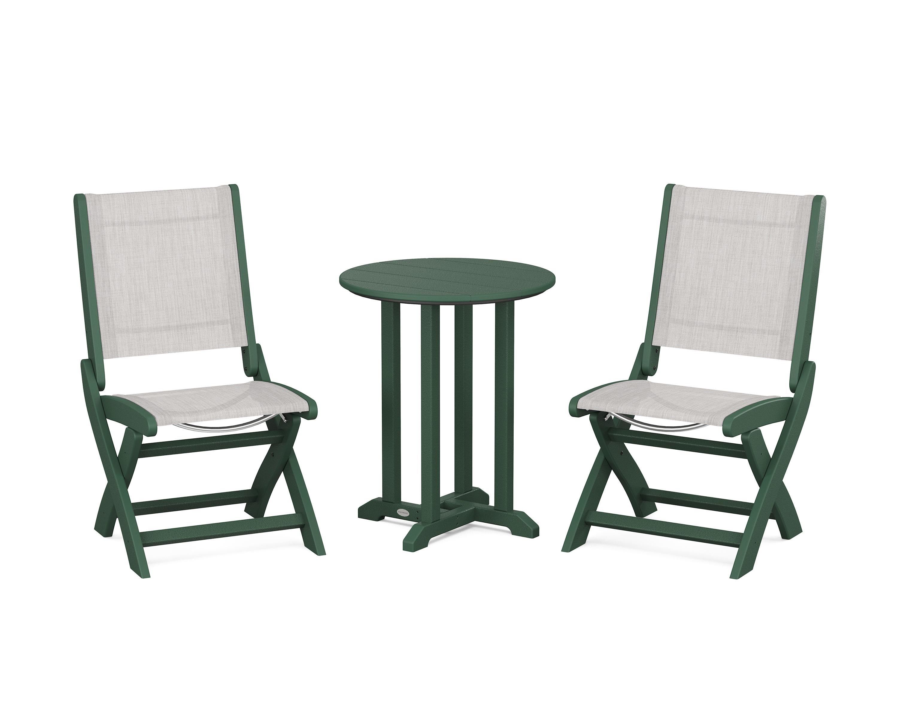 POLYWOOD® Coastal Folding Side Chair 3-Piece Round Bistro Dining Set in Green / Parchment Sling