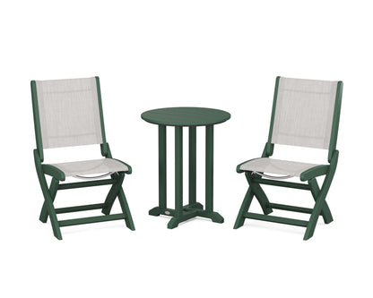 POLYWOOD® Coastal Folding Side Chair 3-Piece Round Bistro Dining Set in Green / Parchment Sling