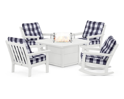 POLYWOOD® Vineyard 5-Piece Deep Seating Rocking Chair Conversation Set with Fire Pit Table in White / Buffalo Plaid Navy