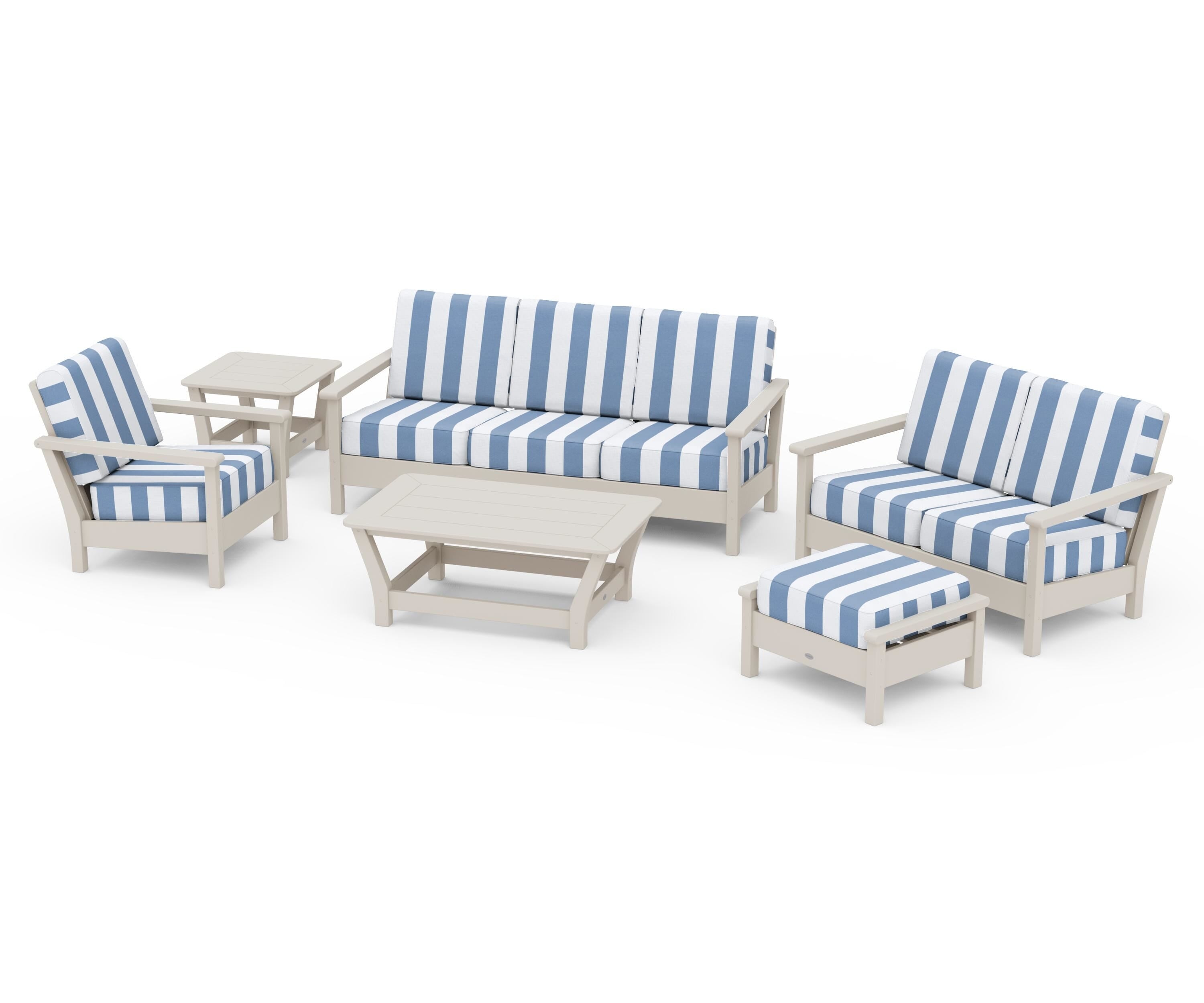 POLYWOOD® Harbour 6-Piece Outdoor Living Set in Sand / Cabana Stripe Sky Blue