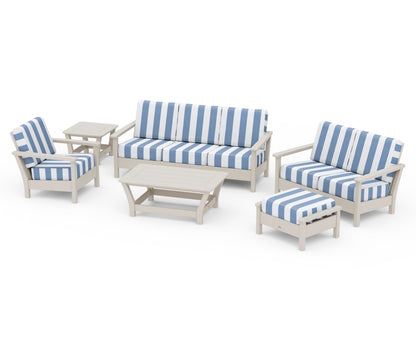 POLYWOOD® Harbour 6-Piece Outdoor Living Set in Sand / Cabana Stripe Sky Blue