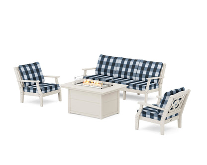 Martha Stewart by POLYWOOD® Chinoiserie Deep Seating Fire Pit Table Set in Sand / Buffalo Plaid Marine Indigo