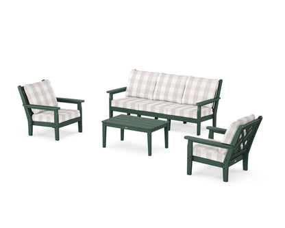 POLYWOOD® Chippendale 4-Piece Deep Seating Set with Sofa in Green / Buffalo Plaid Dune Burlap