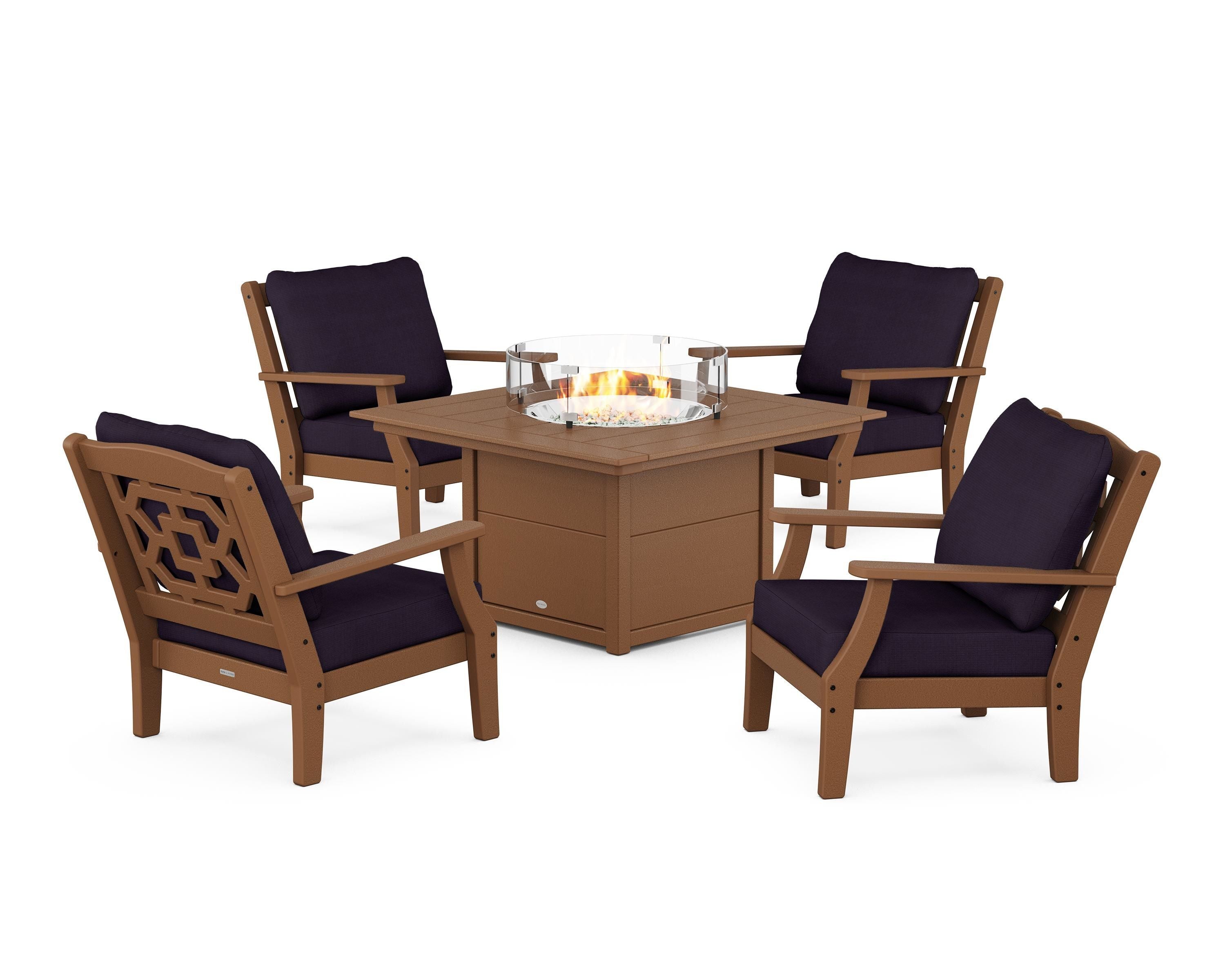 Martha Stewart by POLYWOOD® Chinoiserie 5-Piece Deep Seating Set with Fire Pit Table in Teak / Navy Linen