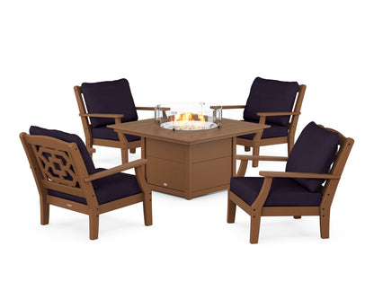 Martha Stewart by POLYWOOD® Chinoiserie 5-Piece Deep Seating Set with Fire Pit Table in Teak / Navy Linen