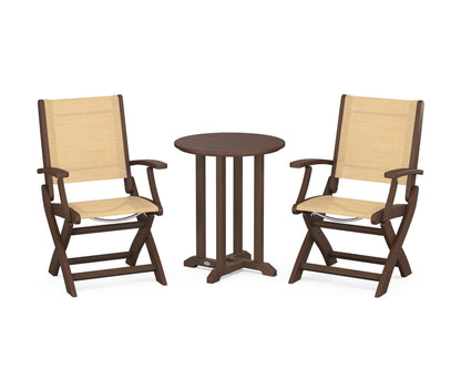 POLYWOOD® Coastal Folding 3-Piece Round Bistro Dining Set in Mahogany / Dupioni Apricot Sling