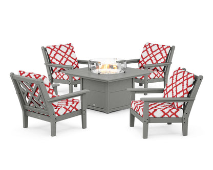 POLYWOOD® Chippendale 5-Piece Deep Seating Set with Fire Pit Table in Slate Grey / Trellis Crimson