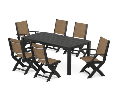 POLYWOOD® Coastal Folding Chair 7-Piece Parsons Dining Set in Black / Burlap Sling