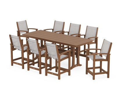 POLYWOOD® Coastal 9-Piece Farmhouse Counter Set with Trestle Legs in Teak / Parchment Sling