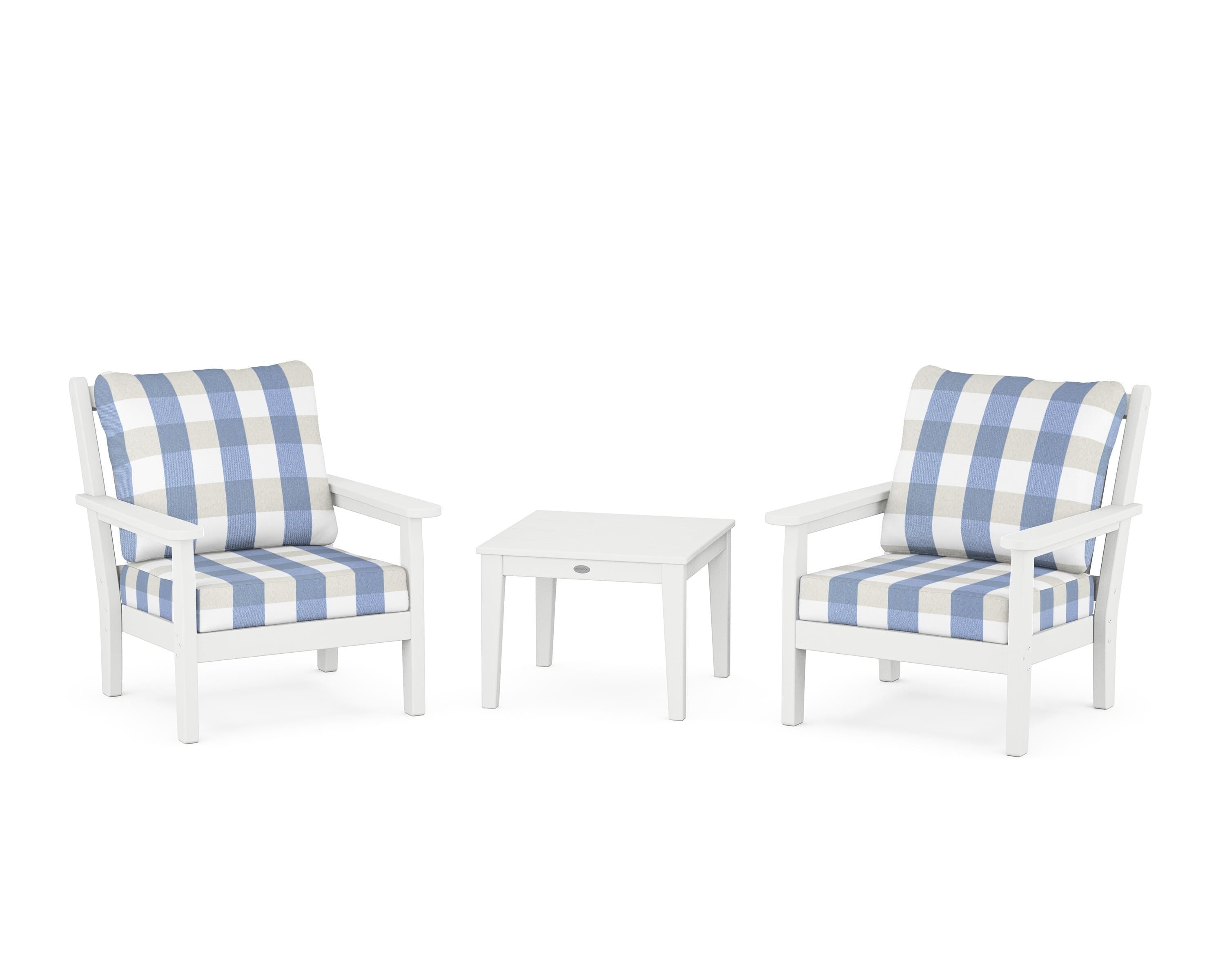 POLYWOOD® Chippendale 3-Piece Deep Seating Set in White / Buffalo Plaid Sky Blue