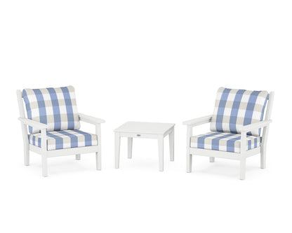 POLYWOOD® Chippendale 3-Piece Deep Seating Set in White / Buffalo Plaid Sky Blue