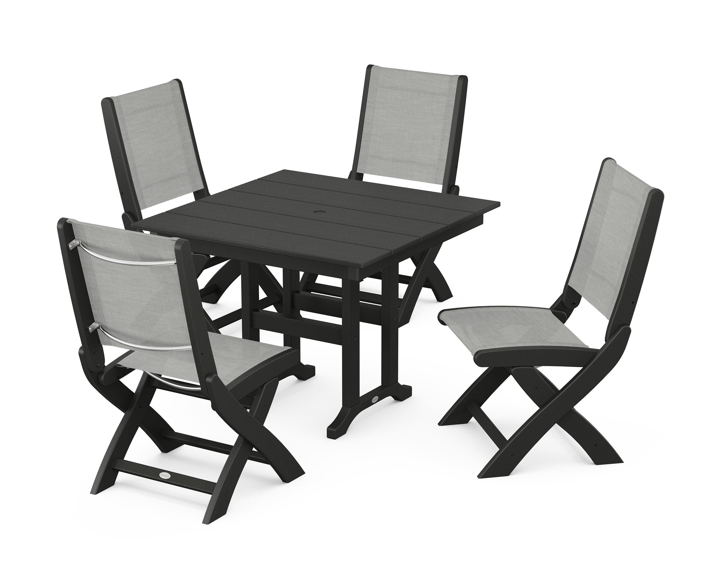 POLYWOOD® Coastal Folding Side Chair 5-Piece Farmhouse Dining Set in Black / Metallic Sling