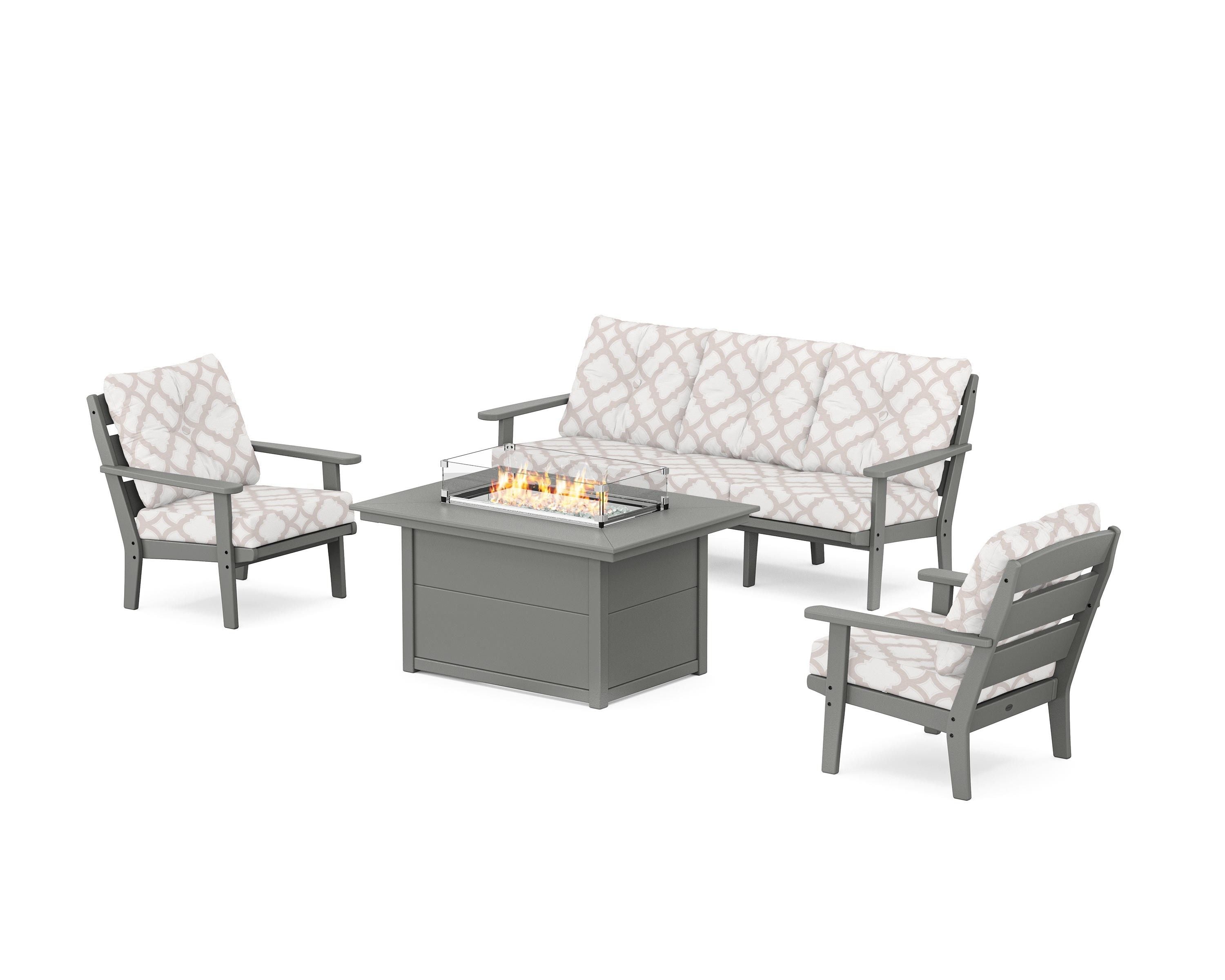 POLYWOOD® Lakeside Deep Seating Fire Pit Table Set in Slate Grey / Trellis Dune Burlap