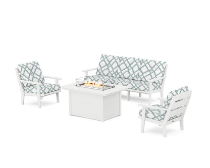 POLYWOOD® Lakeside Deep Seating Fire Pit Table Set in White / Trellis Glacier Spa