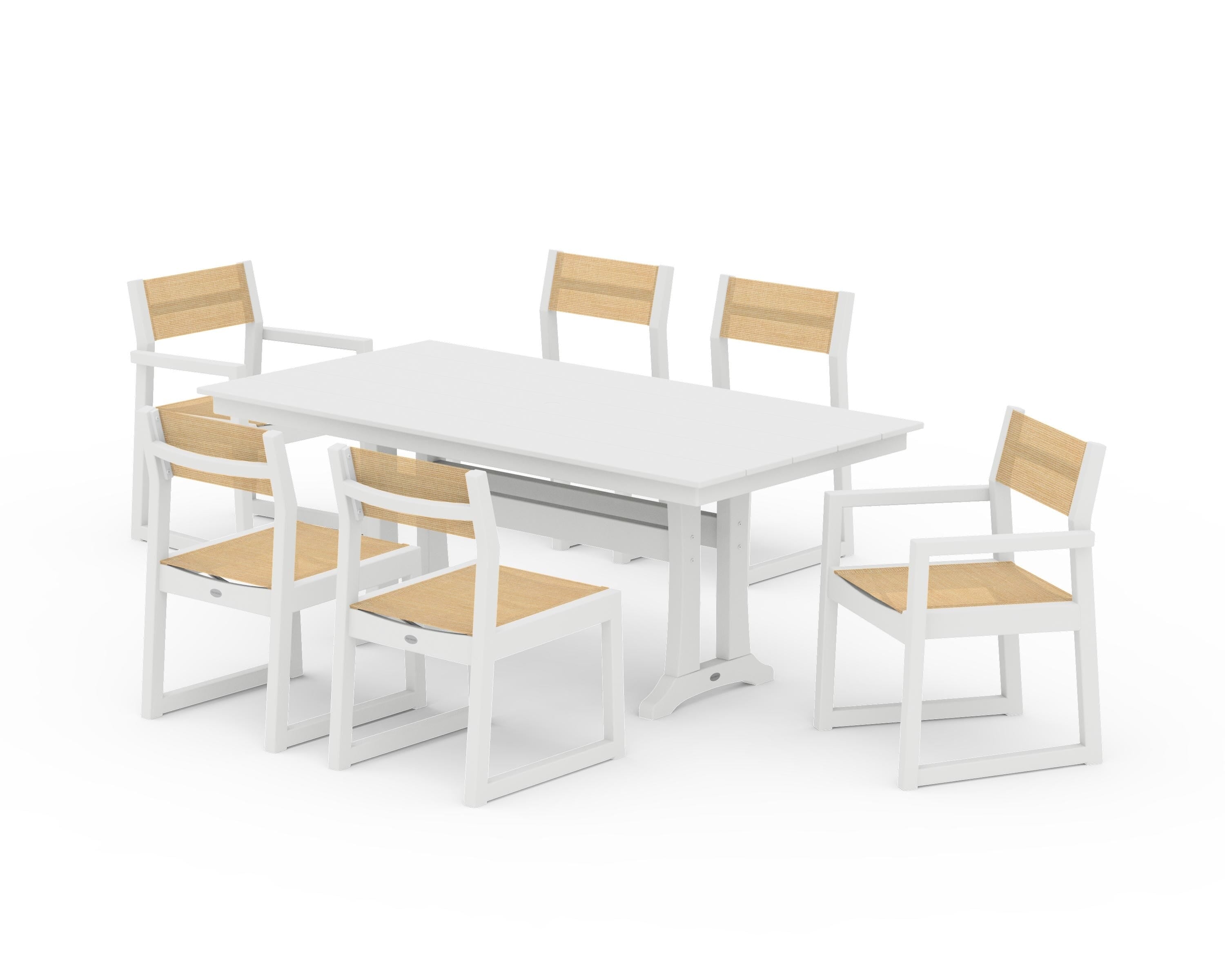 POLYWOOD® EDGE Sling 7-Piece Farmhouse Trestle Dining Set in White / Dupioni Apricot Sling