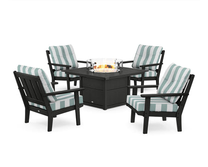 POLYWOOD® Oxford 5-Piece Deep Seating Set with Fire Pit Table in Black / Cabana Stripe Glacier Spa